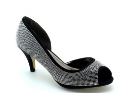 Mid Heel Side Cut-Out Shoes in Shimmer Glitter With Diamante Upper